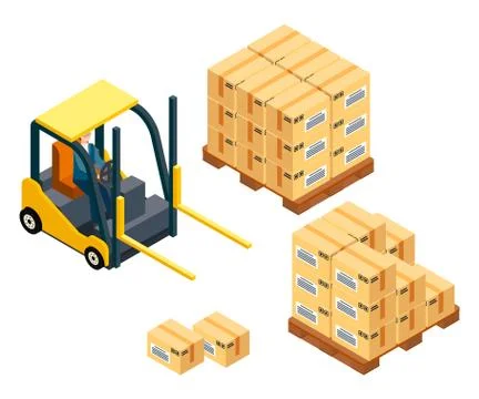 Loading boxes, forklift machine, vehicle for loading, raising heavy boxes 스톡 일러스트