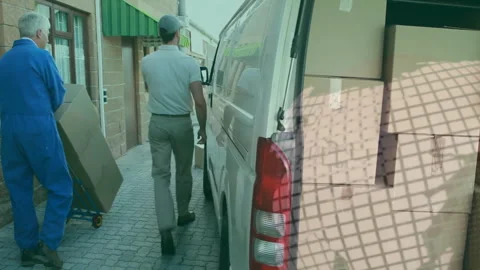 Loading boxes into van, workers animated over grid pattern 스톡 동영상 304406970