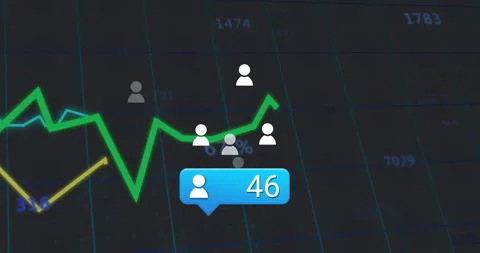On loading bubble updating user count while graph rising and icons clustering Stock Footage 310973534