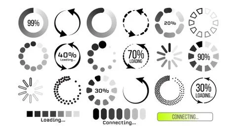 Loading, Buffering, Downloading, Uploading Vector Symbols Set Illustrazione stock