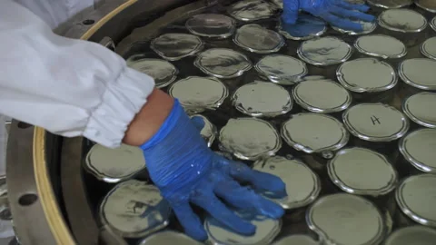Loading cans of canned fish into an autoclave Stock Footage 246637095