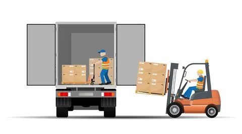Loading a car van by means of a forklift truck and a hand pallet truck. Stock Illustration
