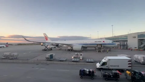 Loading cargo onto an Air China plane at Stockholm Airport in Sweden. Stock Footage 328841454