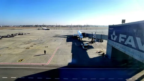 Loading cargo and passengers boarding of plane at Boryspil Airport Stock Footage 194907128