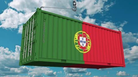 Loading cargo container with flag of Portugal. Portuguese import or export Stockillustratie