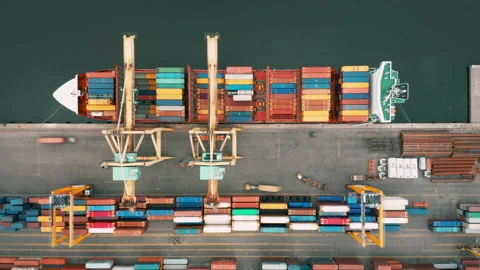 Loading Cargo Container Ship at Port Aerial Timelapse, Top Down View Stock Footage 132334964