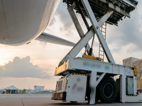 Loading cargo plane outside air freight logistic - Panning Stock Footage