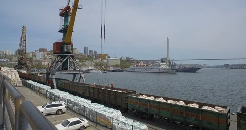 Loading cement from cars on the pier. Видео 89953336