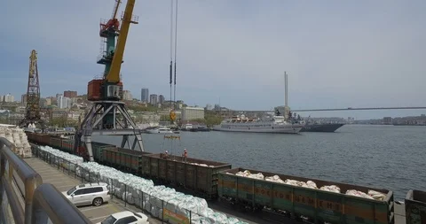 Loading cement from cars on the pier. Видео 89953414