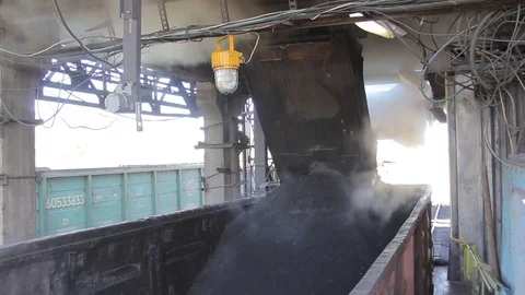 Loading of coal in coaches of the train. Stock Footage 76142174