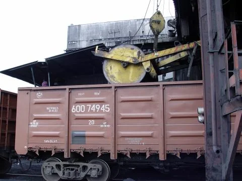 Loading of coal into wagons at the processing plant. Yakutia. Russia Stock Photos
