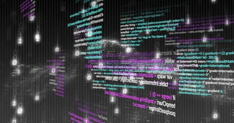 On loading code panels, binary digits floating from grid void converging Stock Footage 311522536