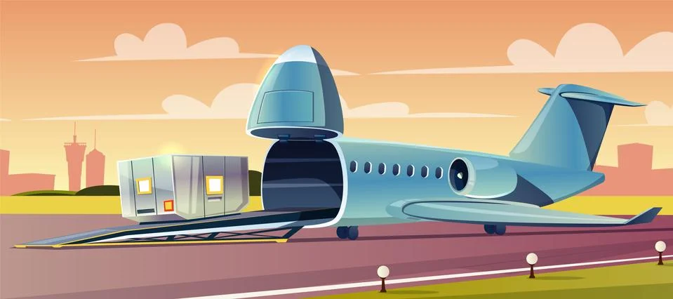 Loading container on cargo airplane cartoon Stock Illustration