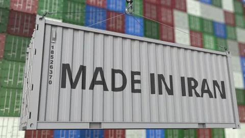 Loading container with MADE IN IRAN caption. Iranian import or export related 3D Illustrazione stock