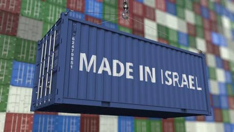 Loading container with MADE IN ISRAEL caption. Israeli import or export related Stock Illustration