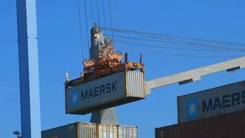 Loading container to ship by industrial line gantry crane 4k creative business  Stock Footage 164774083