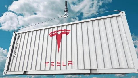 Loading container with Tesla logo. Editorial 3D rendering Ilustración de archivo