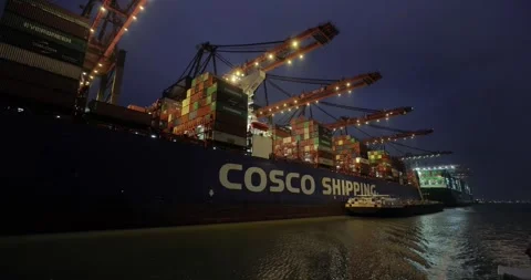 Loading containers on a cargo ship at night in Rotterdam Stock Footage 312650994