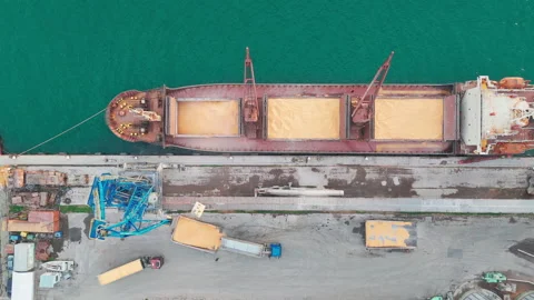 Loading Corn into Cargo Hold for International Distribution. Top down view Stock Footage 305038433