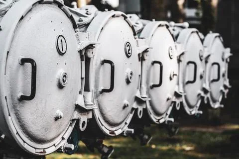 Loading covers of torpedo launcher Stock Photos