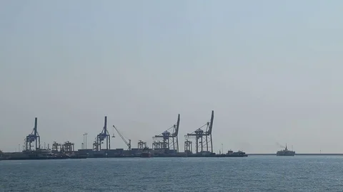 Loading cranes in the port city Stock Footage 72163634