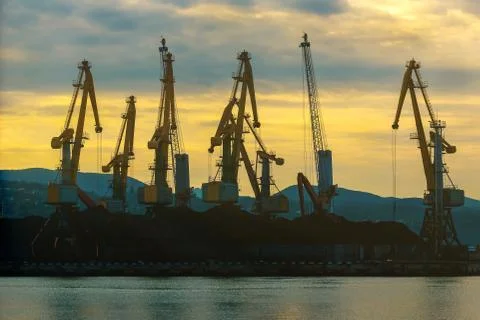 Loading cranes at the port at dawn Stock Photos