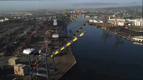 Loading cranes at San Pedro docks in Los Angeles Harbor, Vincent Thomas Bridge Stock Footage 59112778