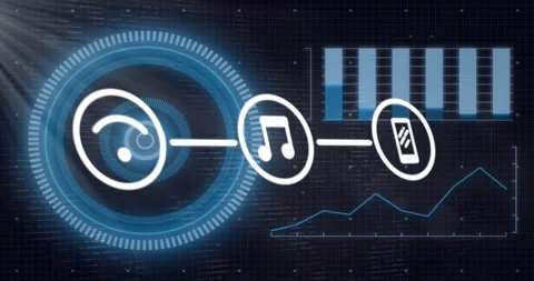On loading dark grid radial HUD rotating charts animating, linking Wi-Fi music Stock Footage 319681776