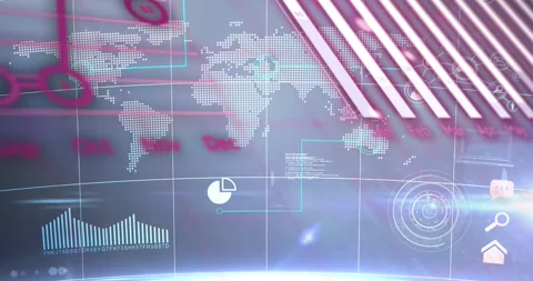 Loading dashboard starting animation, dotted map staying, magenta code Stock Footage 329471592