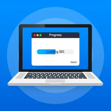 Loading data window with progress bar on laptop screen. Vector illustration. 库存插图