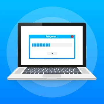 Loading data window with progress bar on laptop screen. Vector illustration. Ilustración de archivo