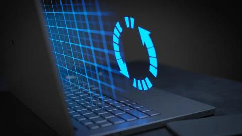 Loading digital technology on a dark laptop with hologram effects 3D Render Stock Illustration