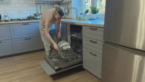Loading dirty plates into upper rack of dishwasher, Concept of efficient Stock-Footage 341986059