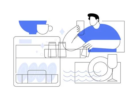 Loading dishwasher isolated cartoon vector illustrations. Ilustración de archivo