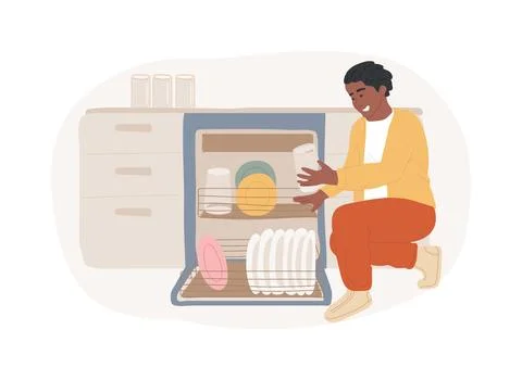 Loading dishwasher isolated cartoon vector illustrations. Ilustración de archivo
