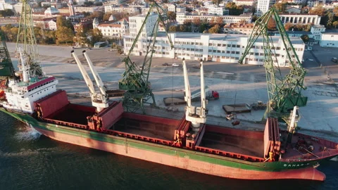 Loading of dry cargo ship by grain cranes in port on sunset  import Stock Footage 142525188