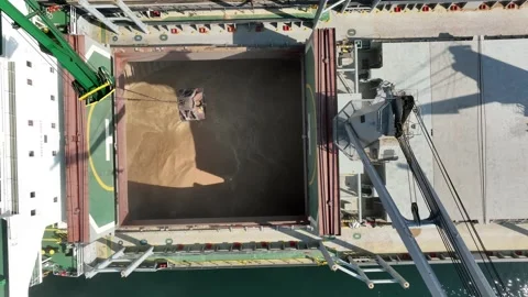 Loading dry cargo ship of wheat by cranes in port. Stock Footage 258237453
