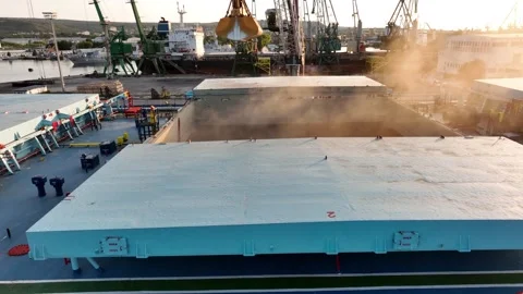 Loading dry cargo ship of wheat by cranes in port. Stock Footage 306047517