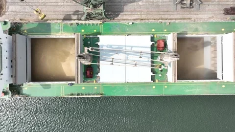 Loading dry cargo ship of wheat by cranes in port. Stock Footage 311502625