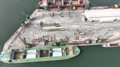 Loading dry cargo ship of wheat by cranes in port. Stock Footage 314766987