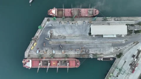 Loading dry cargo ships of wheat by cranes in port. Stock Footage 320385292