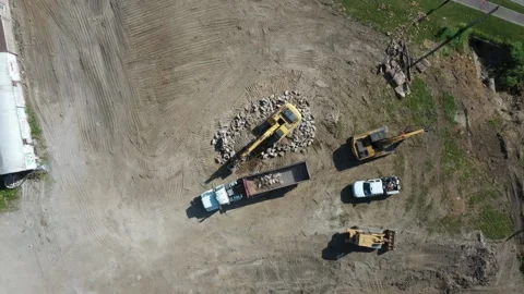 Loading Dump Trucks on Construction Site Top Down Drone Aerial View Vidéo 221122880