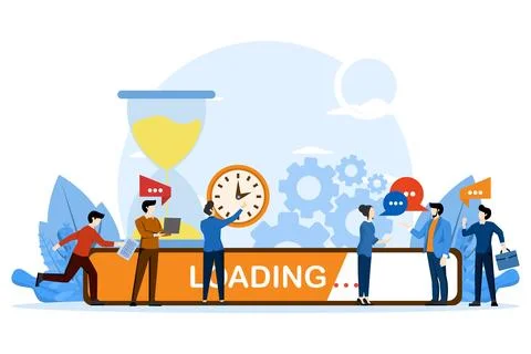 Loading, finish work, system update concept with tiny people and loading bar. Stock Illustration