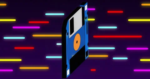 On loading floppy disk rotating around axis while neon bars sliding, visualizing Stock Footage 315526844
