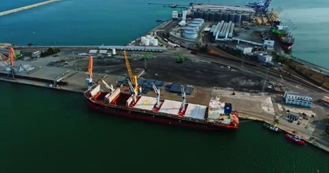 Loading Giant Freight Ships Black Sea Dock Cargo Bay Cranes Cinematic Aerial Stock Footage 289418395