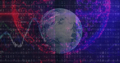 Loading globe rotating, binary scrolling, red-purple clouds drifting and 스톡 동영상 310330624