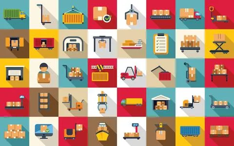 Loading of goods icons set flat vector. Delivery package box Illustrazione stock
