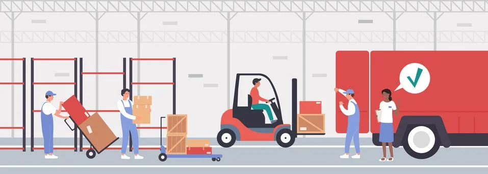 Loading goods in warehouse vector illustration, cartoon flat worker people load Stock Illustration