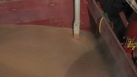 Loading grain onto a cargo ship for sea transport using a conveyor loader Stock Footage 157636404