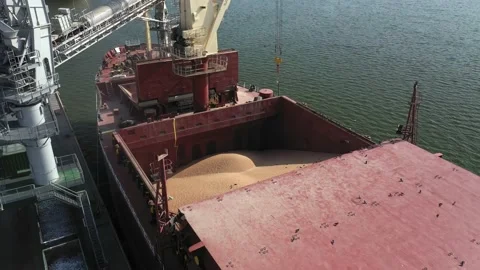 Loading grain onto a cargo ship for sea transport using a conveyor loader Stock Footage 157636775